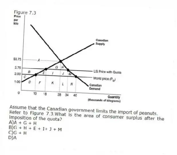 Figure 7.3
Assume that the Canadian government limits the import of peanuts.
-Refer to Figure 7.3.What is the area of consumer surplus after the imposition of the quota?
A)A + G + H
B)G + H + E + I+ J + M
C)G + H