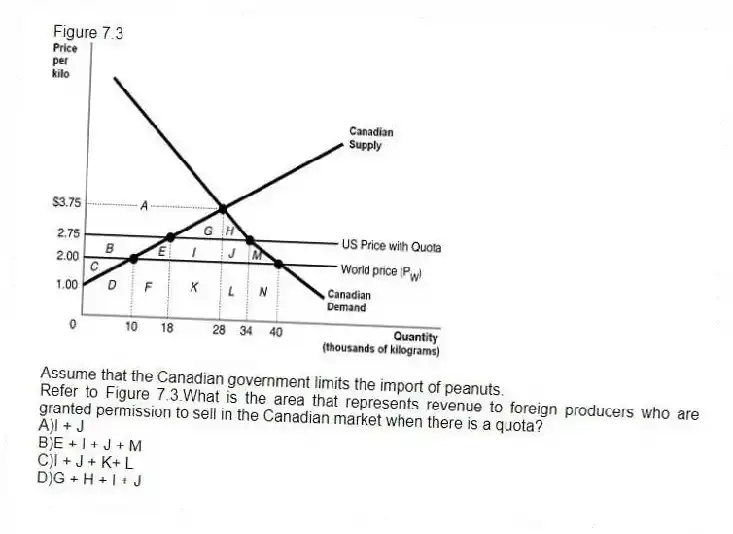 Figure 7.3
Assume that the Canadian government limits the import of peanuts.
-Refer to Figure 7.3.What is the area that represents revenue to foreign producers who are granted permission to sell in the Canadian market when there is a quota?
A)I + J
B)E + I + J + M
C)I + J + K+ L
D)G + H + I + J