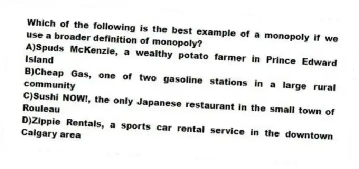 Which of the following is the best example of a monopoly if we use a broader definition of monopoly?
A)Spuds McKenzie, a wealthy potato farmer in Prince Edward Island
B)Cheap Gas, one of two gasoline stations in a large rural community
C)Sushi NOW!, the only Japanese restaurant in the small town of Rouleau
D)Zippie Rentals, a sports car rental service in the downtown Calgary area