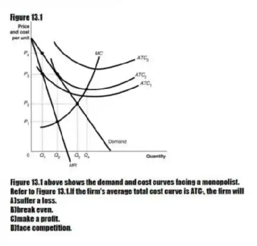 Figure 13.1
Figure 13.1 above shows the demand and cost curves facing a monopolist.
-Refer to Figure 13.1.If the firm's average total cost curve is ATC₁, the firm will
A)suffer a loss.
B)break even.
C)make a profit.
D)face competition.