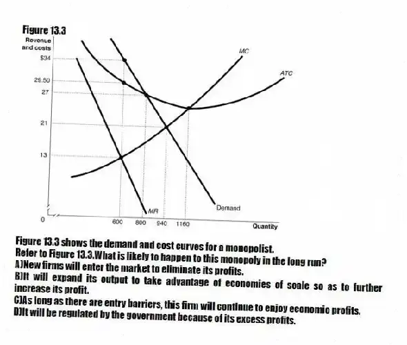 Figure 13.3
Figure 13.3 shows the demand and cost curves for a monopolist.
-Refer to Figure 13.3.What is likely to happen to this monopoly in the long run?
A)New firms will enter the market to eliminate its profits.
B)It will expand its output to take advantage of economies of scale so as to further increase its profit.
C)As long as there are entry barriers, this firm will continue to enjoy economic profits.
D)It will be regulated by the government because of its excess profits.