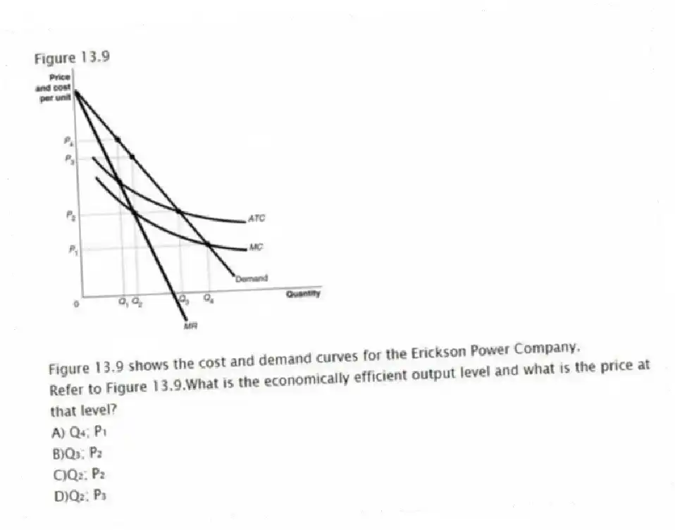 Figure 13.9
  
Figure 13.9 shows the cost and demand curves for the Erickson Power Company.
-Refer to Figure 13.9.What is the economically efficient output level and what is the price at that level?
A) Q₄; P₁ 
B)Q₃; P₂ 
C)Q₂; P₂ 
D)Q₂; P₃
