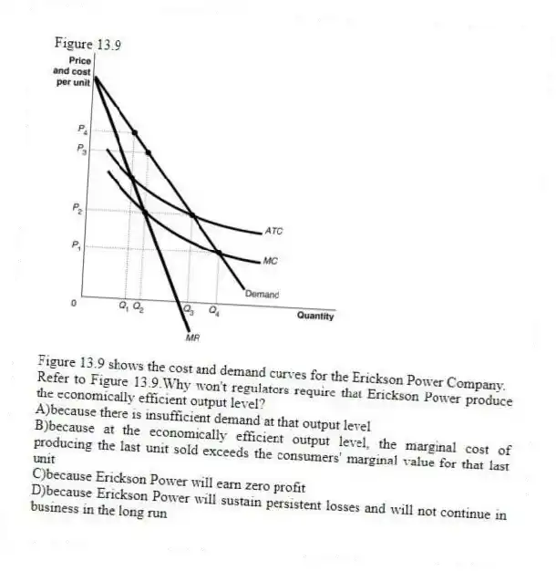 Figure 13.9
Figure 13.9 shows the cost and demand curves for the Erickson Power Company.
-Refer to Figure 13.9.Why won't regulators require that Erickson Power produce the economically efficient output level?
A)because there is insufficient demand at that output level
B)because at the economically efficient output level, the marginal cost of producing the last unit sold exceeds the consumers' marginal value for that last unit
C)because Erickson Power will earn zero profit
D)because Erickson Power will sustain persistent losses and will not continue in business in the long run