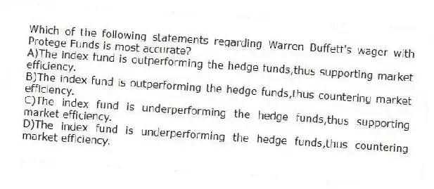 Which of the following statements regarding Warren Buffett's wager with Protege Funds is most accurate?
A)The index fund is outperforming the hedge funds,thus supporting market efficiency.
B)The index fund is outperforming the hedge funds,thus countering market efficiency.
C)The index fund is underperforming the hedge funds,thus supporting market efficiency.
D)The index fund is underperforming the hedge funds,thus countering market efficiency.