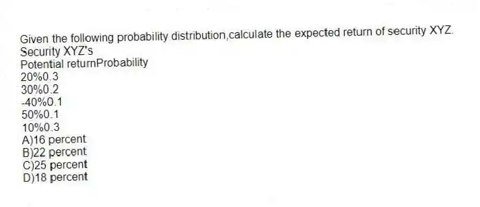 Given the following probability distribution,calculate the expected return of security XYZ.
Security XYZ's
Potential returnProbability
20%0.3
30%0.2
-40%0.1
50%0.1
10%0.3
A)16 percent
B)22 percent
C)25 percent
D)18 percent