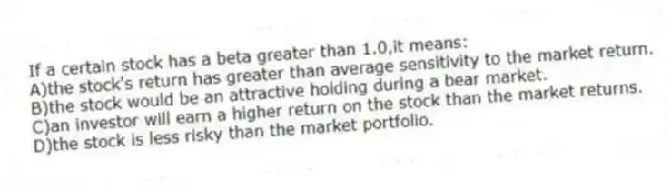 If a certain stock has a beta greater than 1.0,it means:
A)the stock's return has greater than average sensitivity to the market return.
B)the stock would be an attractive holding during a bear market.
C)an investor will earn a higher return on the stock than the market returns.
D)the stock is less risky than the market portfolio.
