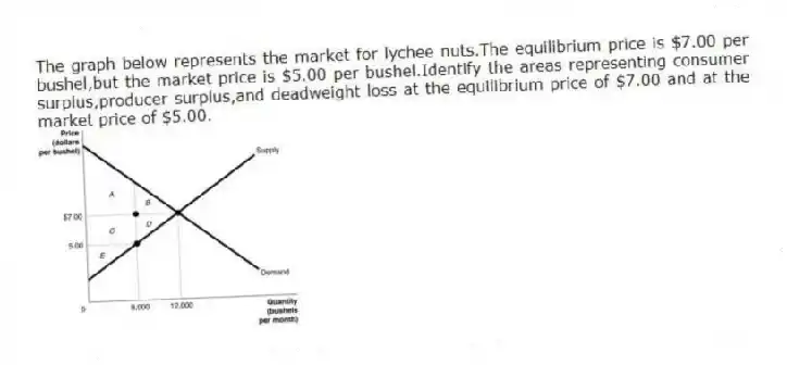 The graph below represents the market for lychee nuts.The equilibrium price is $7.00 per bushel,but the market price is $5.00 per bushel.Identify the areas representing consumer surplus,producer surplus,and deadweight loss at the equilibrium price of $7.00 and at the market price of $5.00.