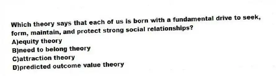 Which theory says that each of us is born with a fundamental drive to seek, form, maintain, and protect strong social relationships?
A)equity theory
B)need to belong theory
C)attraction theory
D)predicted outcome value theory
