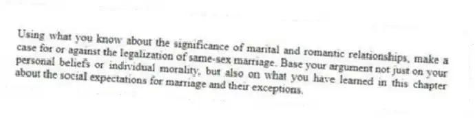 Using what you know about the significance of marital and romantic relationships, make a case for or against the legalization of same-sex marriage. Base your argument not just on your personal beliefs or individual morality, but also on what you have learned in this chapter about the social expectations for marriage and their exceptions.