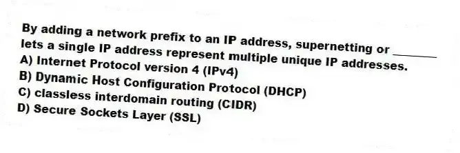 By adding a network prefix to an IP address, supernetting or ________ lets a single IP address represent multiple unique IP addresses.
A) Internet Protocol version 4 (IPv4)
B) Dynamic Host Configuration Protocol (DHCP)
C) classless interdomain routing (CIDR)
D) Secure Sockets Layer (SSL)