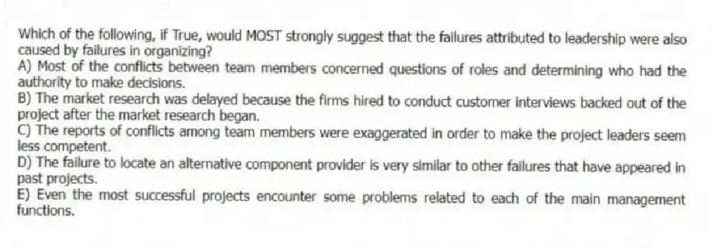 Which of the following, if True, would MOST strongly suggest that the failures attributed to leadership were also caused by failures in organizing?
A) Most of the conflicts between team members concerned questions of roles and determining who had the authority to make decisions.
B) The market research was delayed because the firms hired to conduct customer interviews backed out of the project after the market research began.
C) The reports of conflicts among team members were exaggerated in order to make the project leaders seem less competent.
D) The failure to locate an alternative component provider is very similar to other failures that have appeared in past projects.
E) Even the most successful projects encounter some problems related to each of the main management functions.
