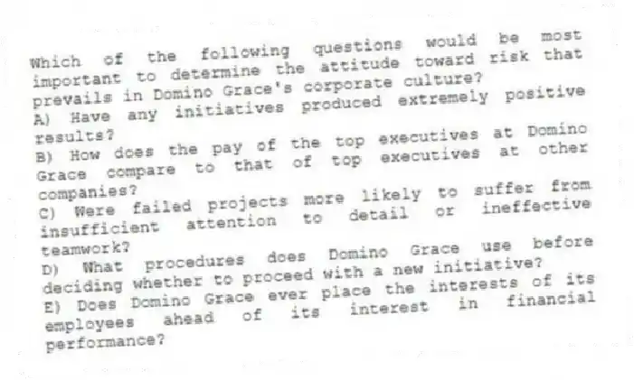 Which of the following questions would be most important to determine the attitude toward risk that prevails in Domino Grace's corporate culture?
A) Have any initiatives produced extremely positive results?
B) How does the pay of the top executives at Domino Grace compare to that of top executives at other companies?
C) Were failed projects more likely to suffer from insufficient attention to detail or ineffective teamwork?
D) What procedures does Domino Grace use before deciding whether to proceed with a new initiative?
E) Does Domino Grace ever place the interests of its employees ahead of its interest in financial performance?