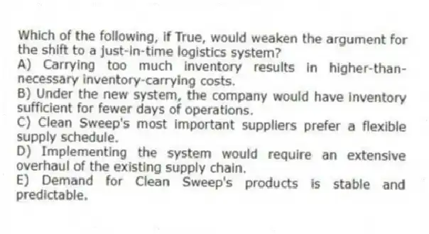 Which of the following, if True, would weaken the argument for the shift to a just-in-time logistics system?
A) Carrying too much inventory results in higher-than-necessary inventory-carrying costs.
B) Under the new system, the company would have inventory sufficient for fewer days of operations.
C) Clean Sweep's most important suppliers prefer a flexible supply schedule.
D) Implementing the system would require an extensive overhaul of the existing supply chain.
E) Demand for Clean Sweep's products is stable and predictable.