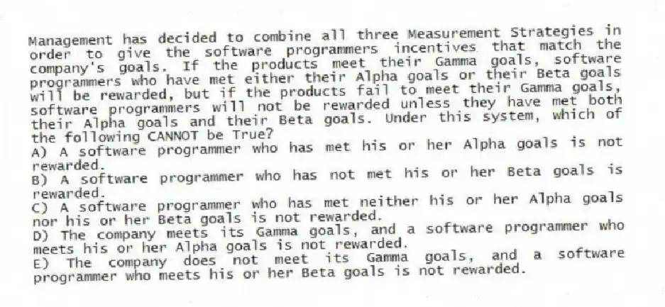Management has decided to combine all three Measurement Strategies in order to give the software programmers incentives that match the company's goals. If the products meet their Gamma goals, software programmers who have met either their Alpha goals or their Beta goals will be rewarded, but if the products fail to meet their Gamma goals, software programmers will not be rewarded unless they have met both their Alpha goals and their Beta goals. Under this system, which of the following CANNOT be True?
A) A software programmer who has met his or her Alpha goals is not rewarded.
B) A software programmer who has not met his or her Beta goals is rewarded.
C) A software programmer who has met neither his or her Alpha goals nor his or her Beta goals is not rewarded.
D) The company meets its Gamma goals, and a software programmer who meets his or her Alpha goals is not rewarded.
E) The company does not meet its Gamma goals, and a software programmer who meets his or her Beta goals is not rewarded.