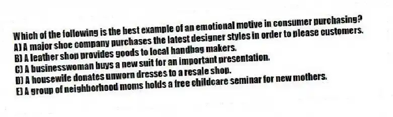 Which of the following is the best example of an emotional motive in consumer purchasing?
A) A major shoe company purchases the latest designer styles in order to please customers.
B) A leather shop provides goods to local handbag makers.
C) A businesswoman buys a new suit for an important presentation.
D) A housewife donates unworn dresses to a resale shop.
E) A group of neighborhood moms holds a free childcare seminar for new mothers.