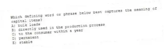 Which defining word or phrase below best captures the meaning of capital items?
A) bulk loads
B) directly used in the production process
C) to the consumer within a year
D) permanent
E) stable
