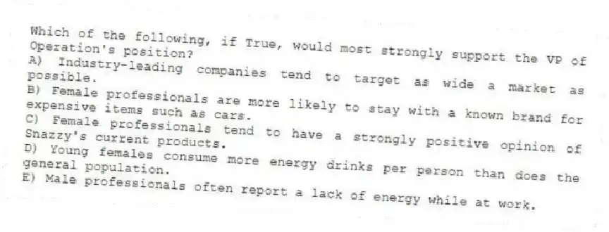 Which of the following, if True, would most strongly support the VP of Operation's position?
A) Industry-leading companies tend to target as wide a market as possible.
B) Female professionals are more likely to stay with a known brand for expensive items such as cars.
C) Female professionals tend to have a strongly positive opinion of Snazzy's current products.
D) Young females consume more energy drinks per person than does the general population.
E) Male professionals often report a lack of energy while at work.