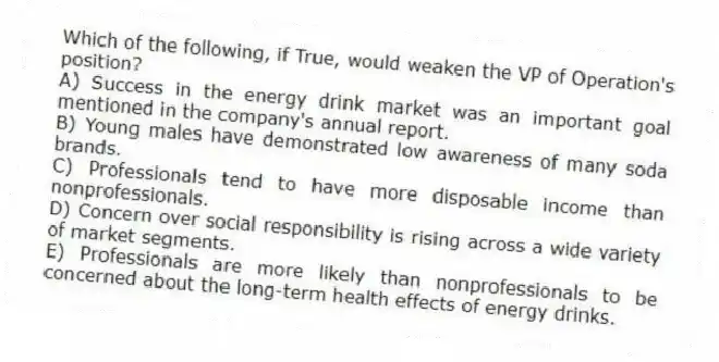 Which of the following, if True, would weaken the VP of Operation's position?
A) Success in the energy drink market was an important goal mentioned in the company's annual report.
B) Young males have demonstrated low awareness of many soda brands.
C) Professionals tend to have more disposable income than nonprofessionals.
D) Concern over social responsibility is rising across a wide variety of market segments.
E) Professionals are more likely than nonprofessionals to be concerned about the long-term health effects of energy drinks.