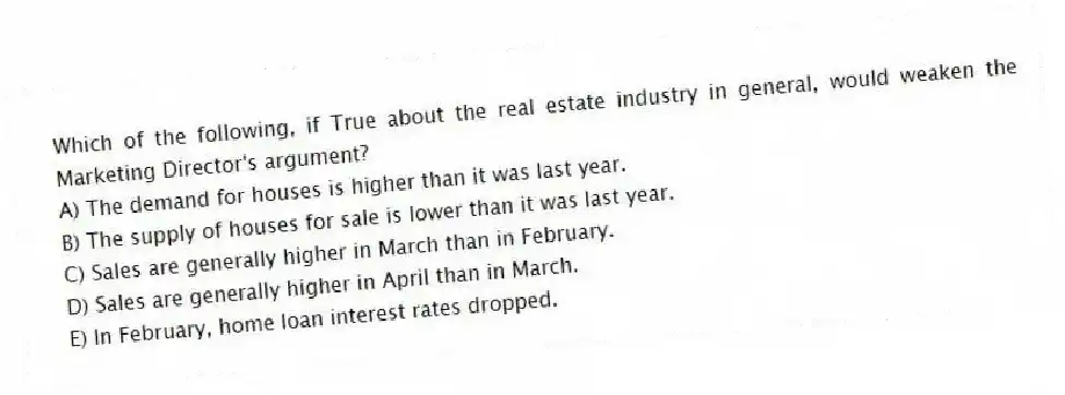 Which of the following, if True about the real estate industry in general, would weaken the Marketing Director's argument?
A) The demand for houses is higher than it was last year.
B) The supply of houses for sale is lower than it was last year.
C) Sales are generally higher in March than in February.
D) Sales are generally higher in April than in March.
E) In February, home loan interest rates dropped.