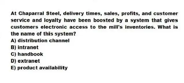 At Chaparral Steel, delivery times, sales, profits, and customer service and loyalty have been boosted by a system that gives customers electronic access to the mill's inventories. What is the name of this system?
A) distribution channel
B) intranet
C) handbook
D) extranet
E) product availability