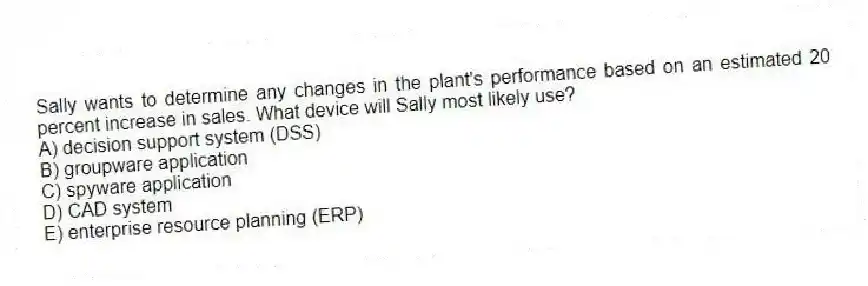 Sally wants to determine any changes in the plant's performance based on an estimated 20 percent increase in sales. What device will Sally most likely use?
A) decision support system (DSS)
B) groupware application
C) spyware application
D) CAD system
E) enterprise resource planning (ERP)