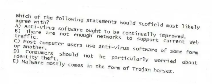 Which of the following statements would Scofield most likely agree with?
A) Anti-virus software ought to be continually improved.
B) There are not enough networks to support current Web traffic.
C) Most computer users use anti-virus software of some form or another.
D) Consumers should not be particularly worried about identity theft.
E) Malware mostly comes in the form of Trojan horses.
