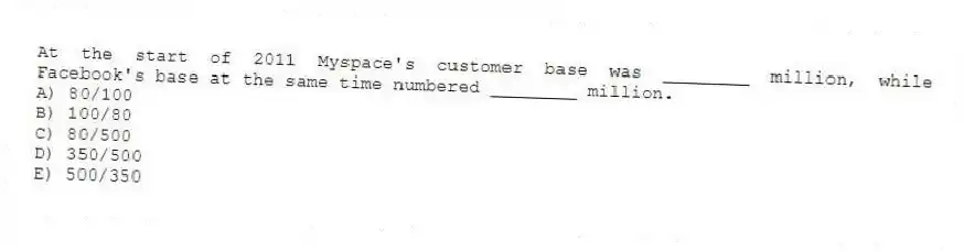 At the start of 2011 Myspace's customer base was ________ million, while Facebook's base at the same time numbered ________ million.
A) 80/100
B) 100/80
C) 80/500
D) 350/500
E) 500/350