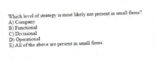 Which level of strategy is most likely not present in small firms?
A) Company
B) Functional
C) Divisional
D) Operational
E) All of the above are present in small firms.