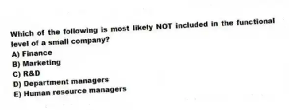 Which of the following is most likely NOT included in the functional level of a small company?
A) Finance
B) Marketing
C) R&D
D) Department managers
E) Human resource managers