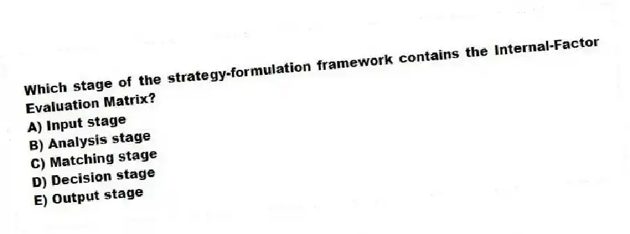 Which stage of the strategy-formulation framework contains the Internal-Factor Evaluation Matrix?
A) Input stage
B) Analysis stage
C) Matching stage
D) Decision stage
E) Output stage