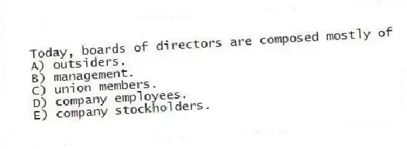 Today, boards of directors are composed mostly of
A) outsiders.
B) management.
C) union members.
D) company employees.
E) company stockholders.