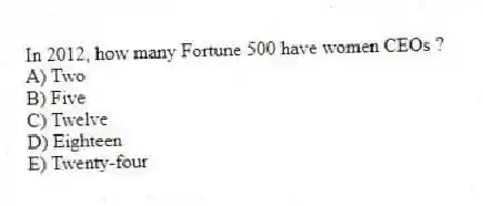 In 2012, how many Fortune 500 have women CEOs ?
A) Two
B) Five
C) Twelve
D) Eighteen
E) Twenty-four