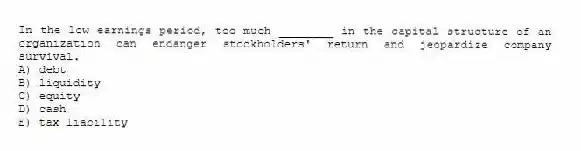In the low earnings period, too much ________ in the capital structure of an organization can endanger stockholders' return and jeopardize company survival.
A) debt
B) liquidity
C) equity
D) cash
E) tax liability