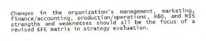Changes in the organization's management, marketing, finance/accounting, production/operations, R&D, and MIS strengths and weaknesses should all be the focus of a revised EFE matrix in strategy evaluation.