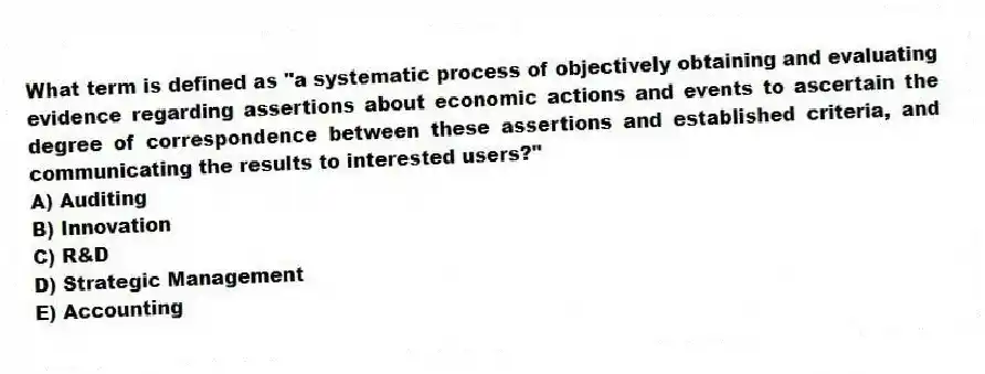 What term is defined as "a systematic process of objectively obtaining and evaluating evidence regarding assertions about economic actions and events to ascertain the degree of correspondence between these assertions and established criteria, and communicating the results to interested users?"
A) Auditing
B) Innovation
C) R&D
D) Strategic Management
E) Accounting