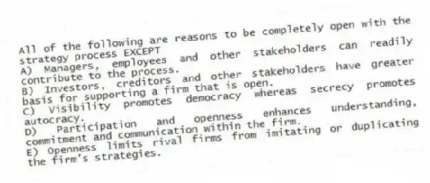 All of the following are reasons to be completely open with the strategy process EXCEPT
A) Managers, employees and other stakeholders can readily contribute to the process.
B) Investors, creditors and other stakeholders have greater basis for supporting a firm that is open.
C) Visibility promotes democracy whereas secrecy promotes autocracy.
D) Participation and openness enhances understanding, commitment and communication within the firm.
E) Openness limits rival firms from imitating or duplicating the firm's strategies.