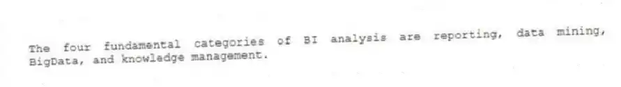 The four fundamental categories of BI analysis are reporting, data mining, BigData, and knowledge management.