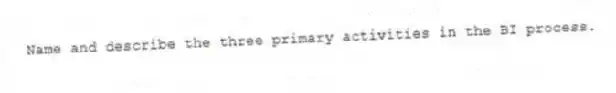 Name and describe the three primary activities in the BI process.