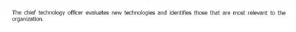 The chief technology officer evaluates new technologies and identifies those that are most relevant to the organization.