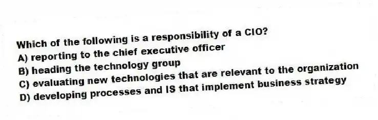 Which of the following is a responsibility of a CIO?
A) reporting to the chief executive officer
B) heading the technology group
C) evaluating new technologies that are relevant to the organization
D) developing processes and IS that implement business strategy