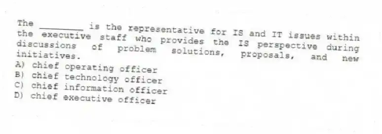 The ________ is the representative for IS and IT issues within the executive staff who provides the IS perspective during discussions of problem solutions, proposals, and new initiatives.
A) chief operating officer
B) chief technology officer
C) chief information officer
D) chief executive officer
