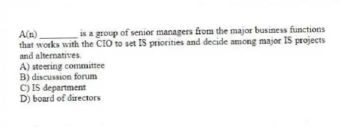 A(n) ________ is a group of senior managers from the major business functions that works with the CIO to set IS priorities and decide among major IS projects and alternatives.
A) steering committee
B) discussion forum
C) IS department
D) board of directors