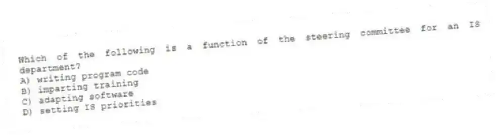 Which of the following is a function of the steering committee for an IS department?
A) writing program code
B) imparting training
C) adapting software
D) setting IS priorities