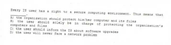 Every IS user has a right to a secure computing environment. This means that ________.
A) the organization should protect his/her computer and its files
B) the user should solely be in charge of protecting the organization's computers and files
C) the user should inform the IS about software upgrades
D) the user will never face a network problem
