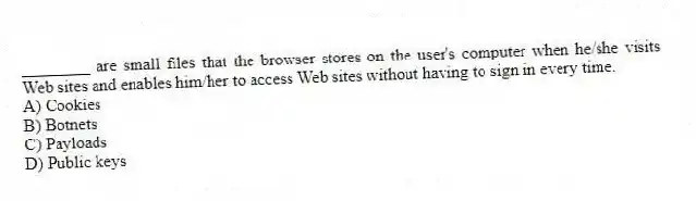 ________ are small files that the browser stores on the user's computer when he/she visits Web sites and enables him/her to access Web sites without having to sign in every time.
A) Cookies
B) Botnets
C) Payloads
D) Public keys