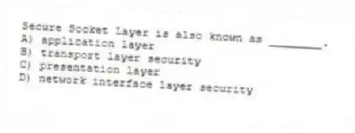 Secure Socket Layer is also known as ________.
A) application layer
B) transport layer security
C) presentation layer
D) network interface layer security