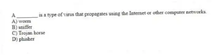 A ________ is a type of virus that propagates using the Internet or other computer networks.
A) worm
B) sniffer
C) Trojan horse
D) phisher