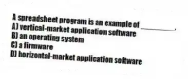 A spreadsheet program is an example of ________.
A) vertical-market application software
B) an operating system
C) a firmware
D) horizontal-market application software