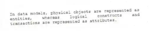 In data models, physical objects are represented as entities, whereas logical constructs and transactions are represented as attributes.