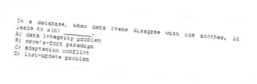In a database, when data items disagree with one another, it leads to a(n) ________.
A) data integrity problem
B) crow's-foot paradigm
C) adaptation conflict
D) lost-update problem